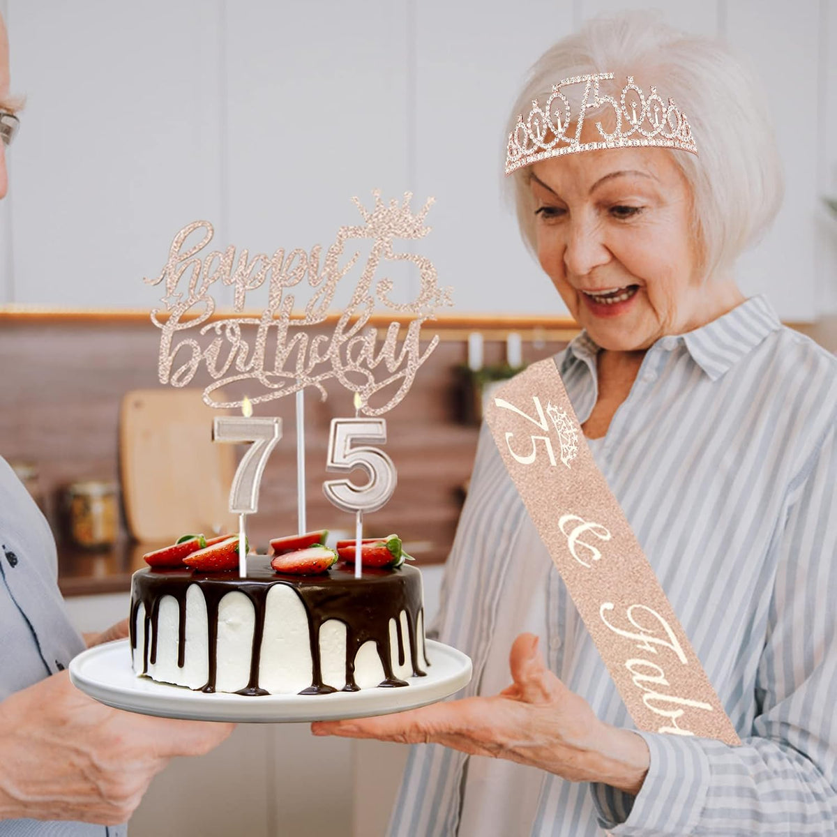 75th Birthday Decorations for Women Including Sash, Crown/Tiara, Candles and Cake Topper, Rose Gold