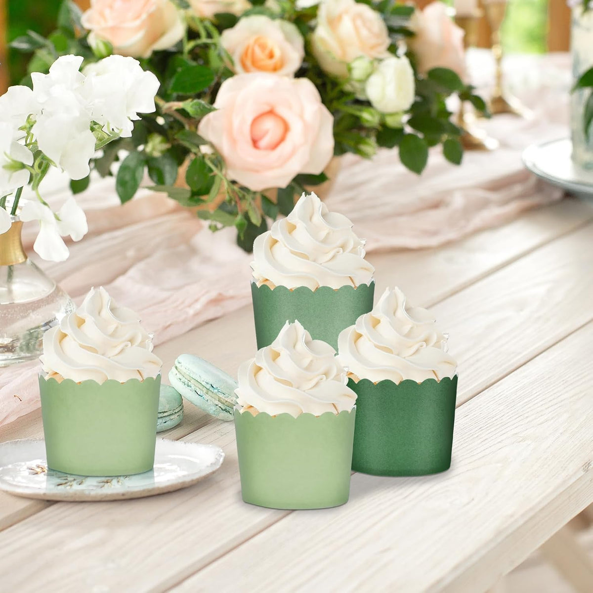 Whaline 120Pcs Sage Green Paper Baking Cups Scalloped Edge Cupcake Wrappers Gradient Green Cupcake