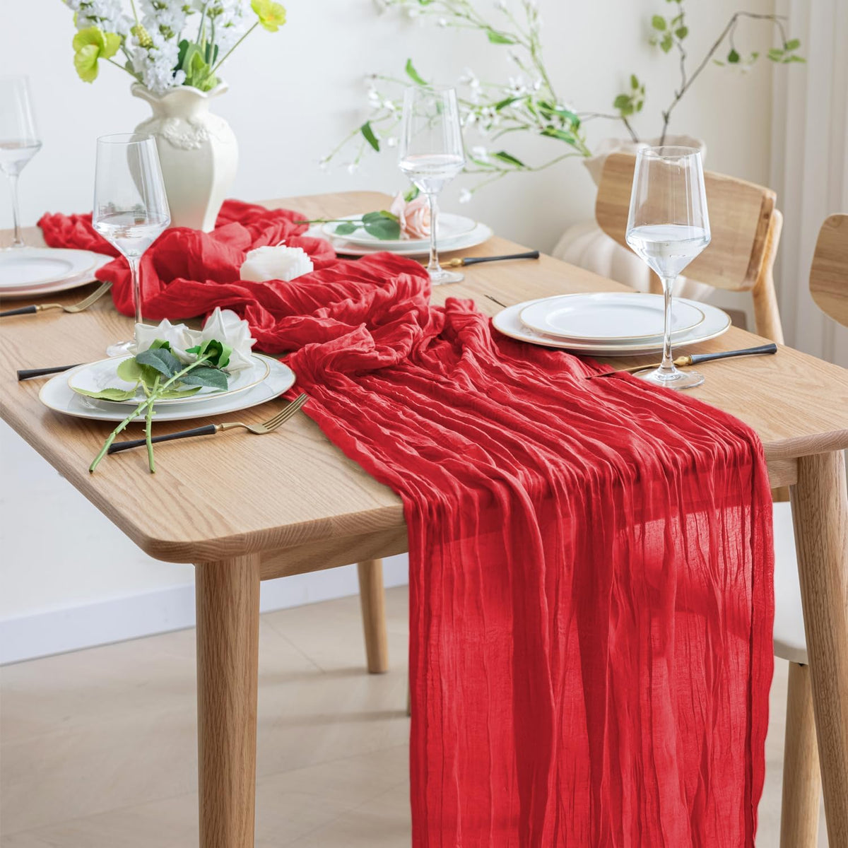 Asee'm 2PCS Fall Table Runner Cheesecloth 10FT Red Boho Gauze Fabric Rustic Sheer Cheese Cloth