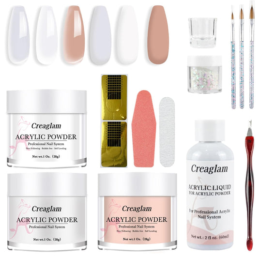 Acrylic Nail Kit for Beginners: 3 Colors 28g Nude Clear White Acrylic Nail Powder Professional Gel