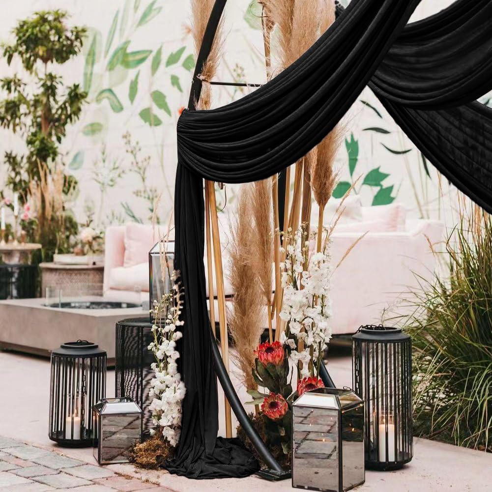 Wedding Arch Draping Fabric 2 Panels 30'' x 18FT Black Sheer Chiffon Arch Drapery for Photo Booth