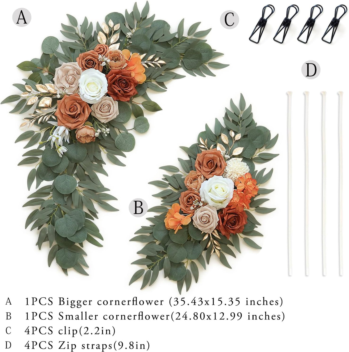 Artificial Flower Swag Set of 2 for Wedding Welcome Signs Floral Decorations, Burnt Orange Wedding
