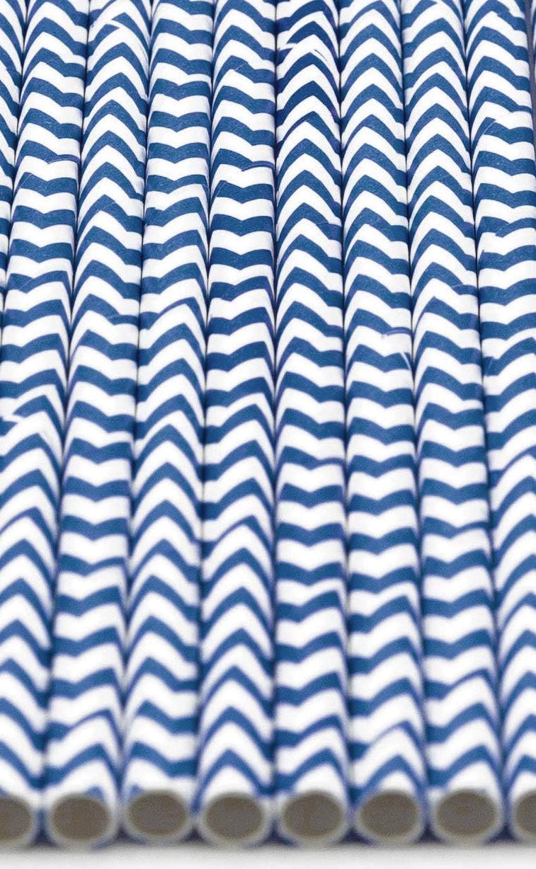 Pack of 150 Navy Blue Chevron Biodegradable 4-Ply Paper Drinking Straws (Compostable, Non-toxic