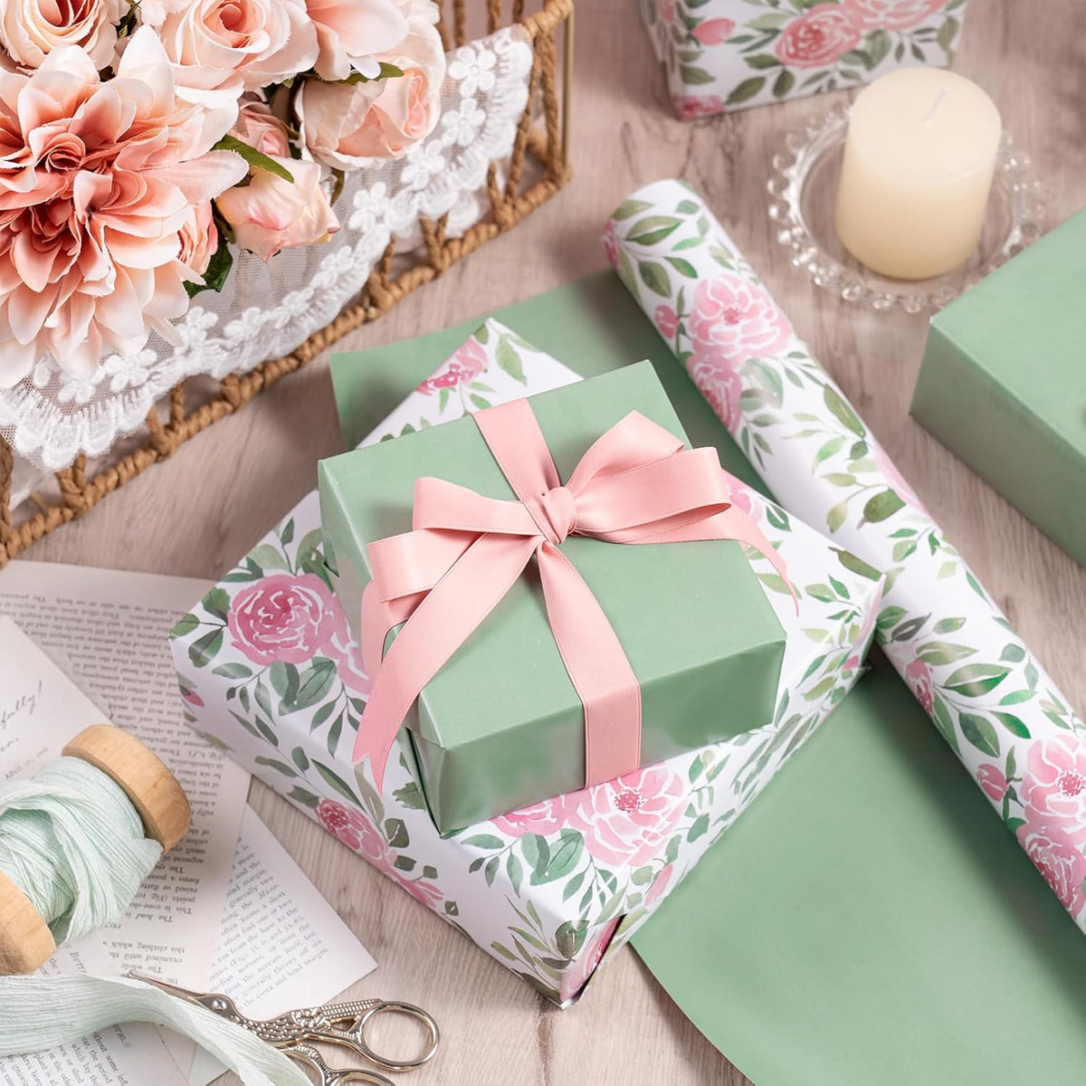 RUSPEPA Reversible Floral Wrapping Paper Roll for Girls Women, Mini Roll, Pink Rose Design and