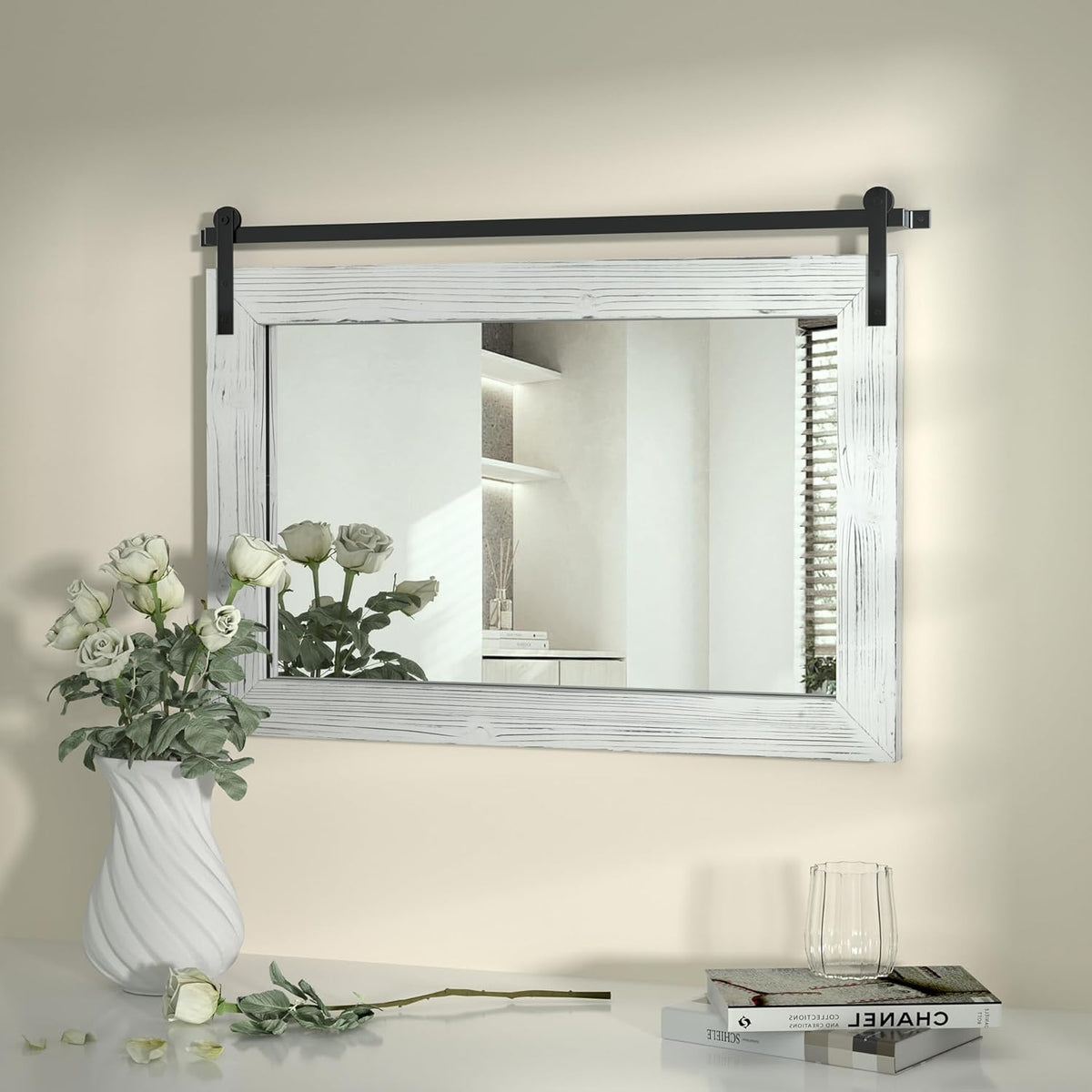COGOOD Farmhouse Barn Door Mirror - 28" x 20" Rustic Wood Framed Wall Mirror for Bathroom, Living