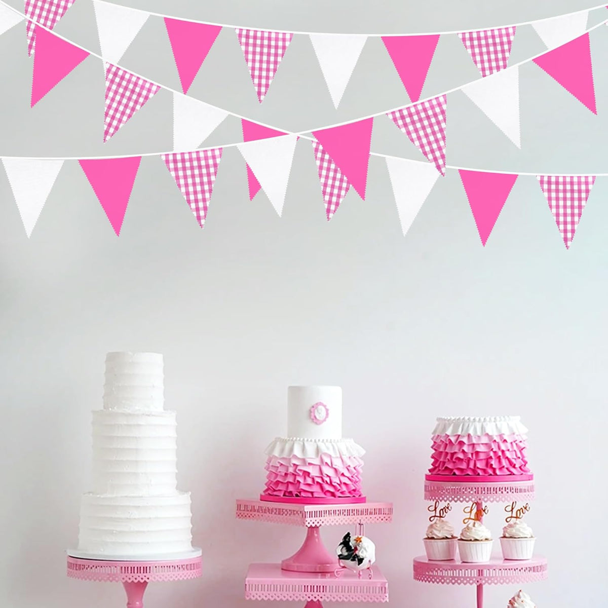32Ft Hot Pink Party Decorations Pink Buffalo Plaid Checkered White Triangle Flag Gingham Pennant