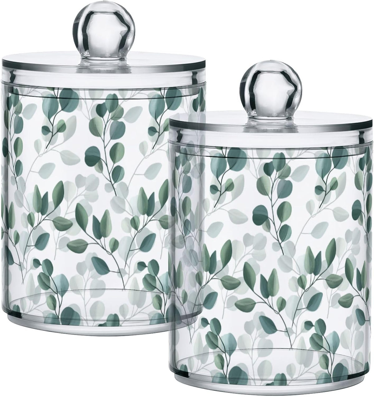 Qtip Holder Dispenser 2 Pack Green Watercolor Floral Leaves Apothecary Jars with Lids Bathroom