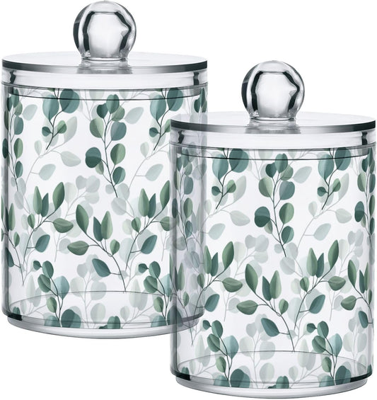Qtip Holder Dispenser 2 Pack Green Watercolor Floral Leaves Apothecary Jars with Lids Bathroom
