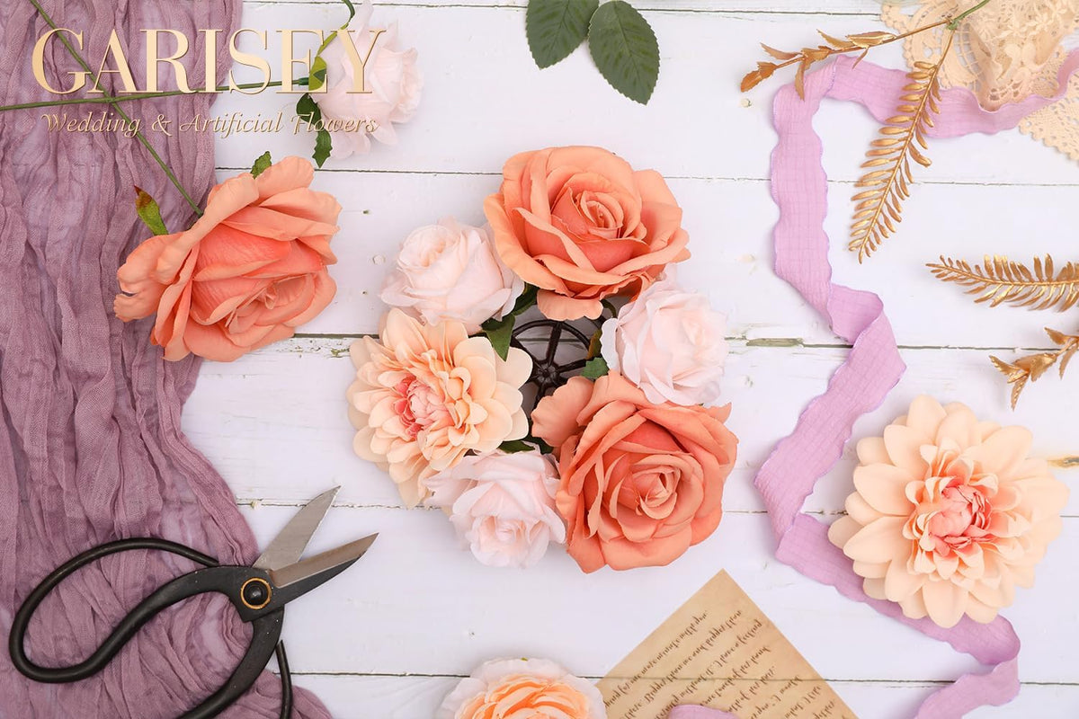 Artificial Flowers Combo, Mix Silk Flowers Roses, Peonies, Dahlias with Stems for DIY Wedding