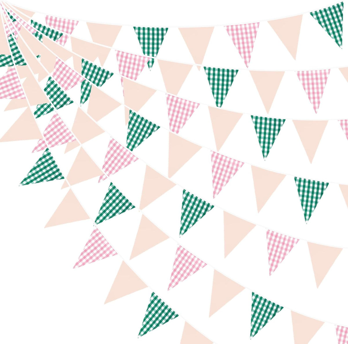 32Ft Pink Green Gingham Camp Bride Banner Green Pink Plaid Checkered Fabric Triangle Flag Pennant