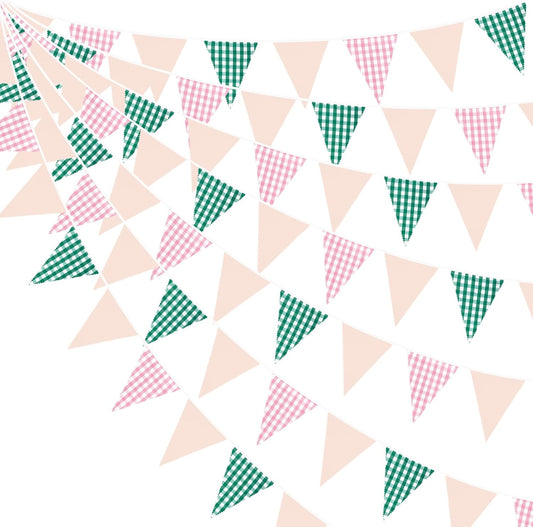 32Ft Pink Green Gingham Camp Bride Banner Green Pink Plaid Checkered Fabric Triangle Flag Pennant