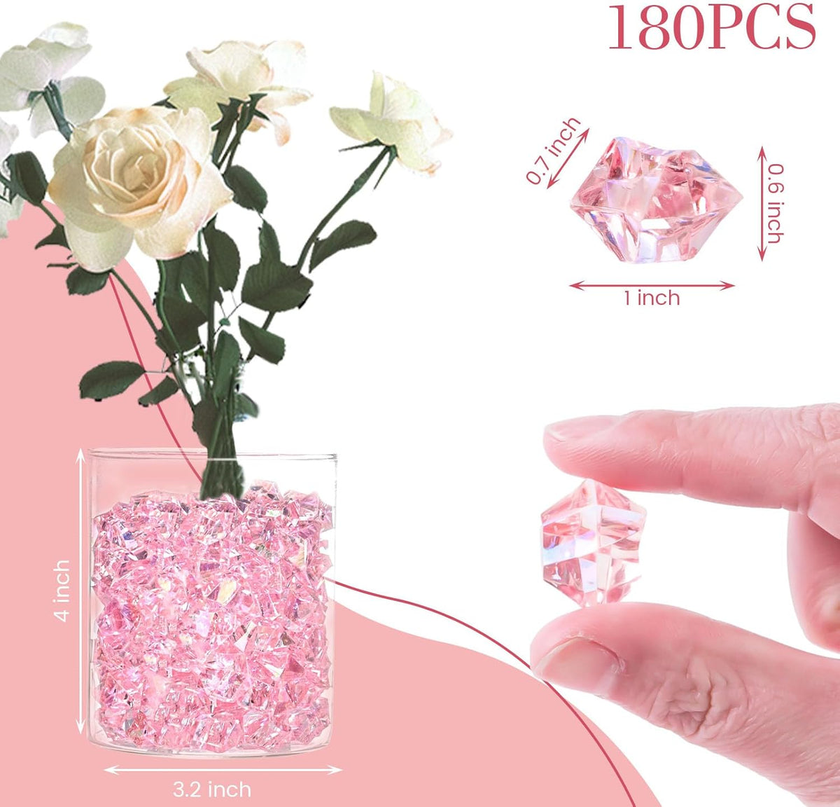 DomeStar Dazzling Pink Ice Rocks, 180PCS Holographic Acrylic Crushed Ice Sparkling Fake Diamonds