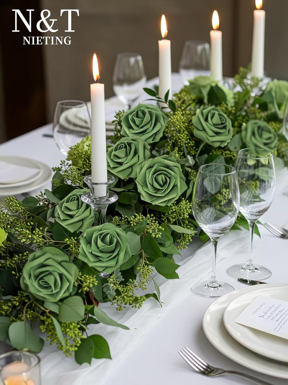 N&T NIETING Artificial Flowers Roses Army Green Foam Rose 50pcs Fake Flowers with Stem for DIY