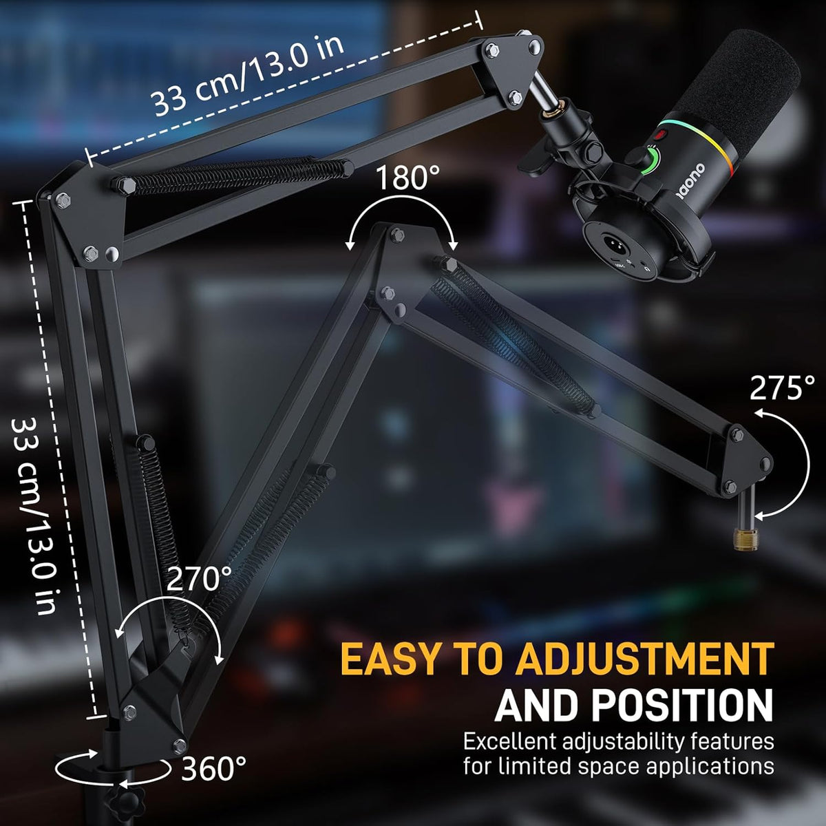 MAONO Boom Arm Microphone Stand: Adjustable Metal Suspension Mic Boom Arm for Podcast Gaming