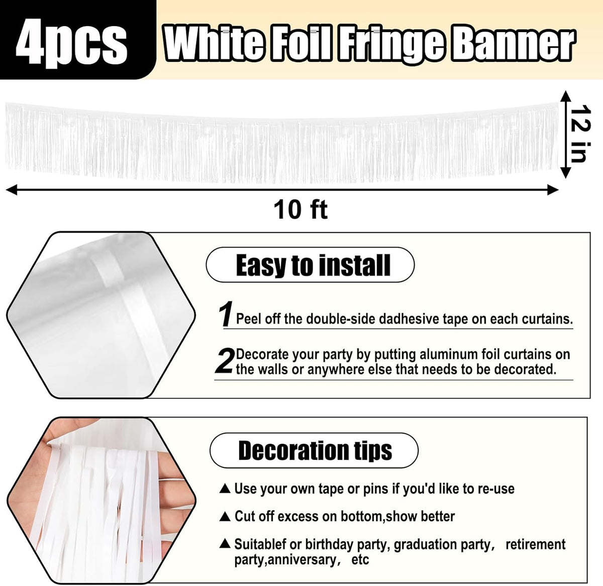4 Pack 10 Feet White Foil Fringe Garland Metallic Tinsel Streamers Banner Wall Hanging Curtain