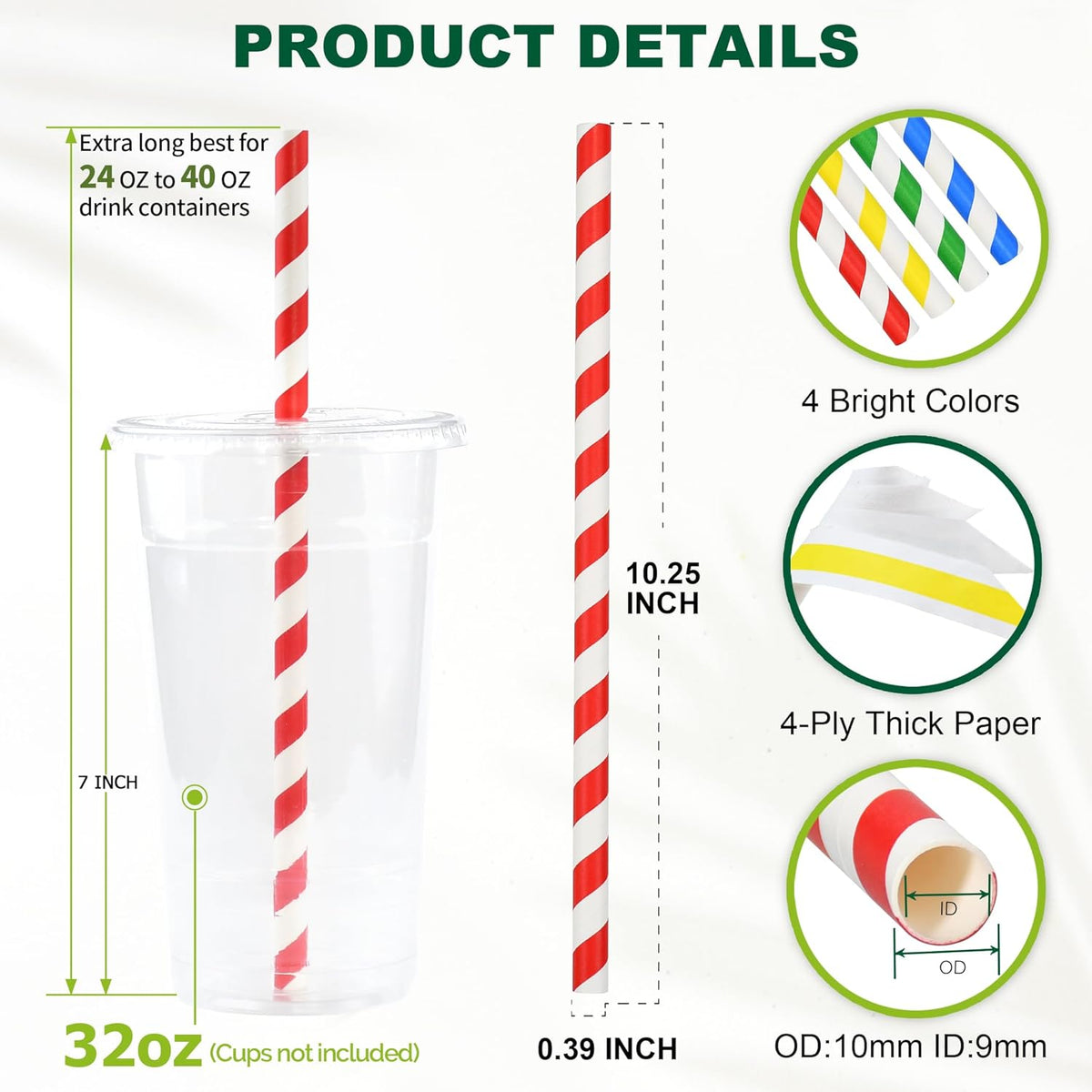 [10MM Wide] 10.25 Inch Extra Long Fat Sturdy Paper Drinking Straws for Smoothies, Milkshakes, Thick