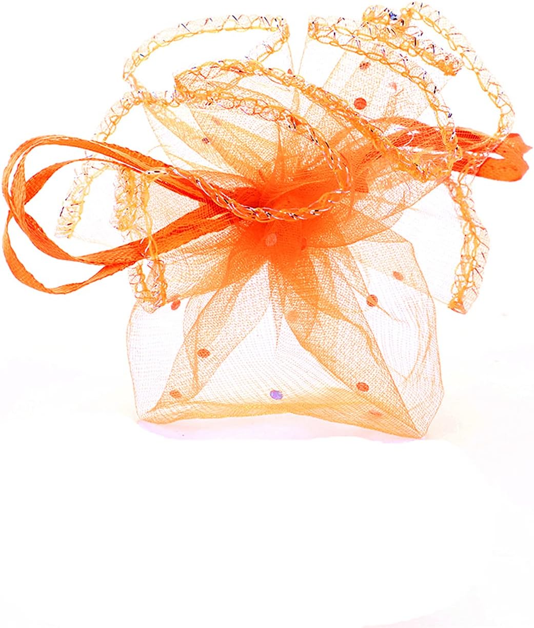 100Pcs Orange Round Organza Bags 9.8 Inch, Sheer Tulle Circles with Drawstring Halloween Candy
