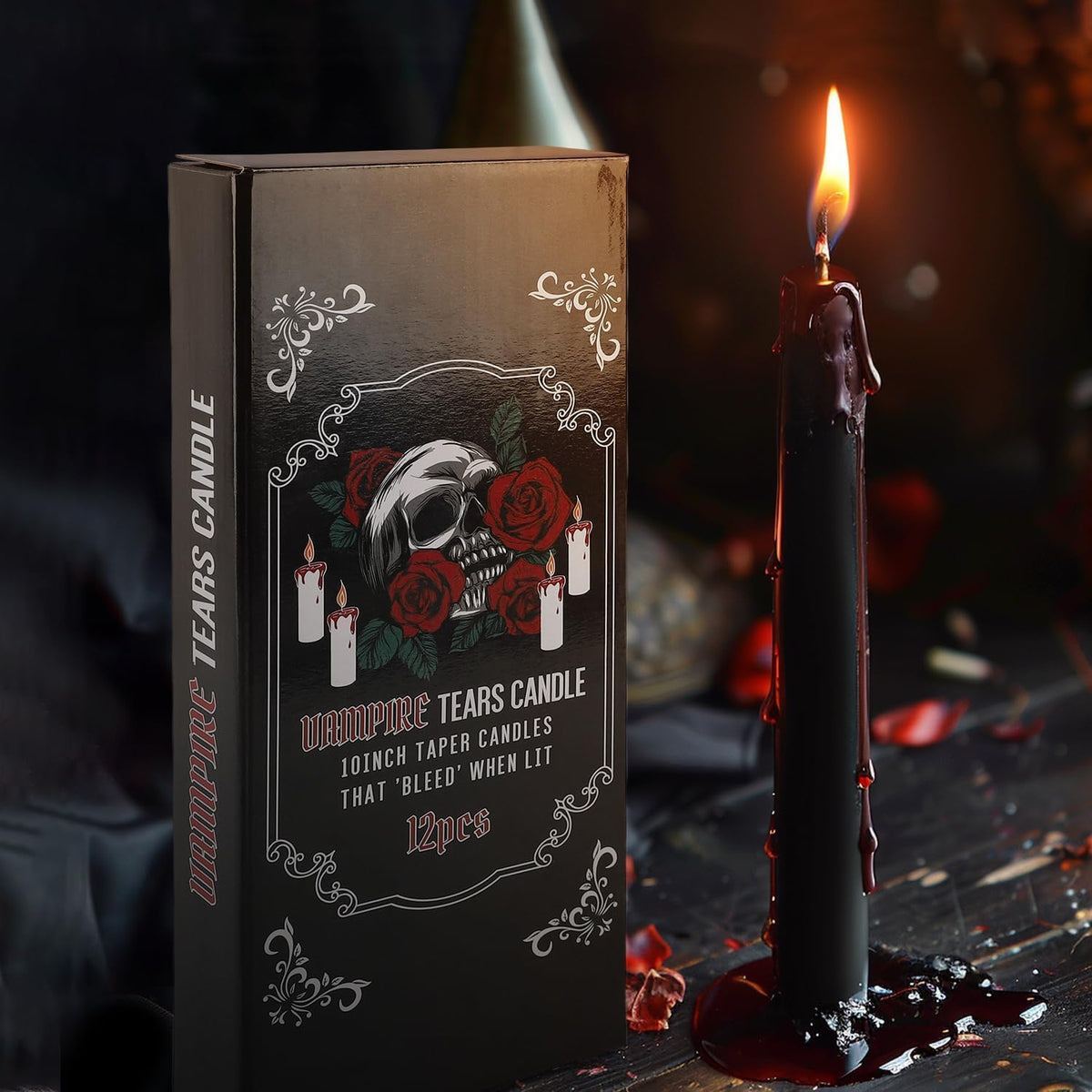 12PCS 10-Inch Black Bleeding Taper Candles,Vampire Tears Taper Candles- Unscented Ideal for