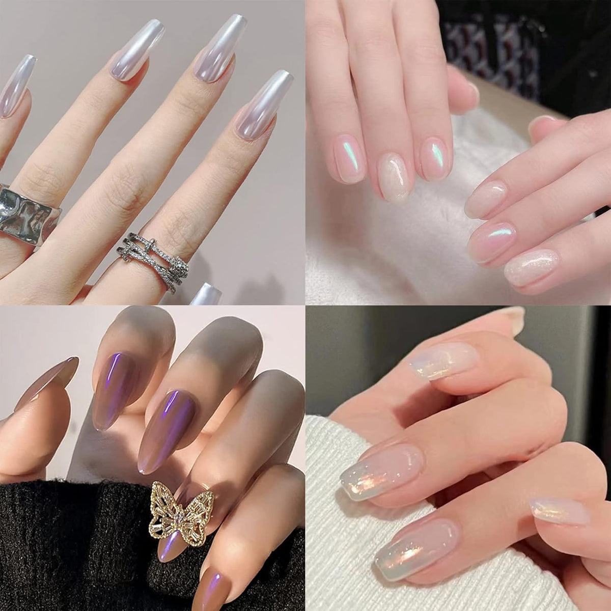 Allstarry Chrome Nail Powder 4 Colors Iridescent Aurora Powder Metallic Mirror Effect Pigment