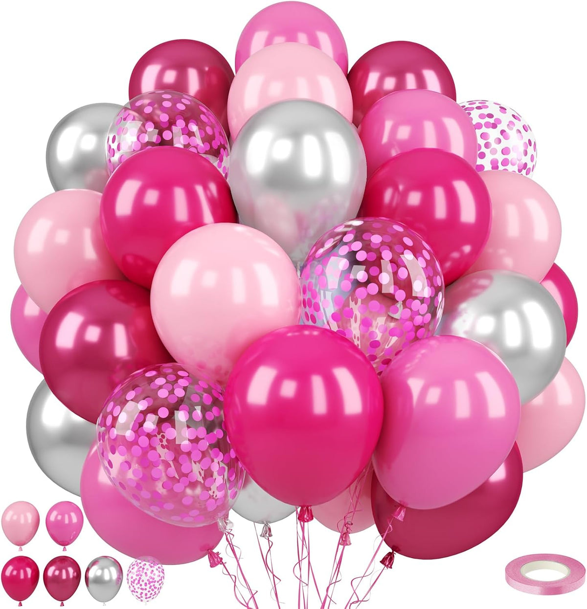 Paready Pink Balloons Set, 50PCS Hot Pink Latex Balloons, 12 Inch Confetti Balloon Metallic Silver