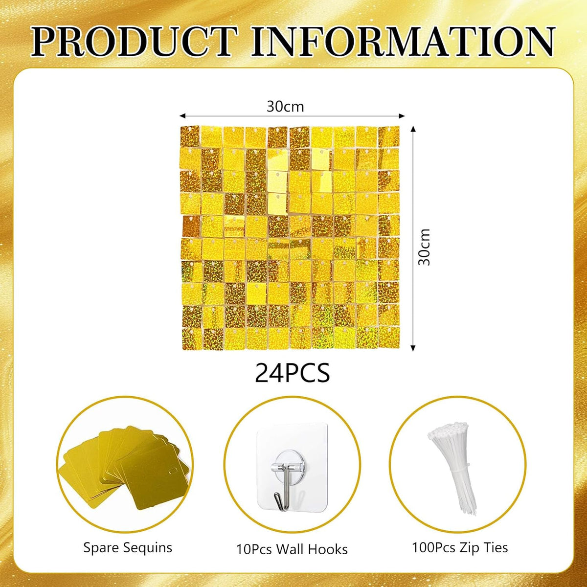 24PCS Gold Shimmer Wall Backdrop, Laser Square Sequin Photo Backdrops Panel, Glitter Wall
