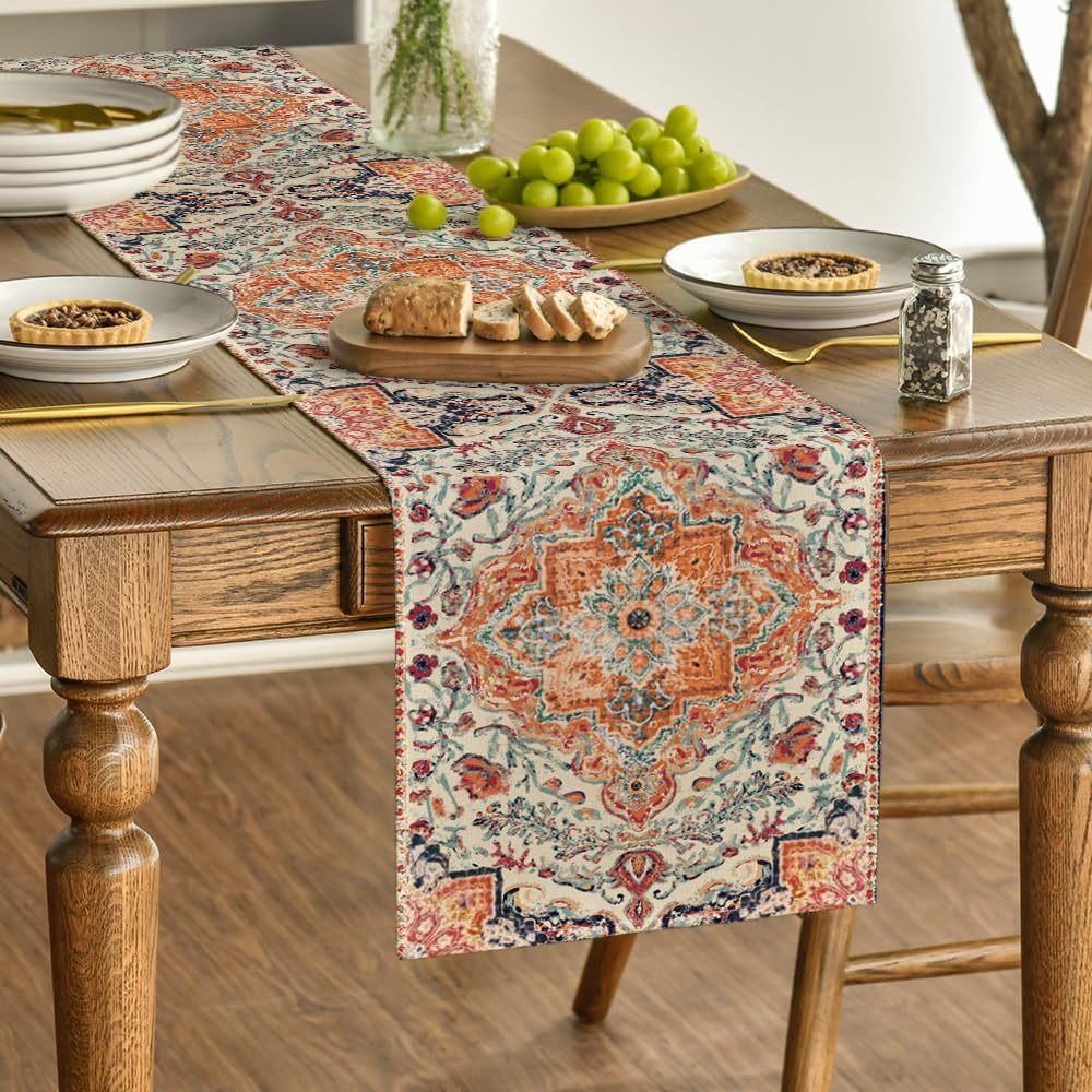 Artoid Mode Boho Bohemia Style Orange Table Runner, Country Rustic Farmhouse Magical Fall Kitchen