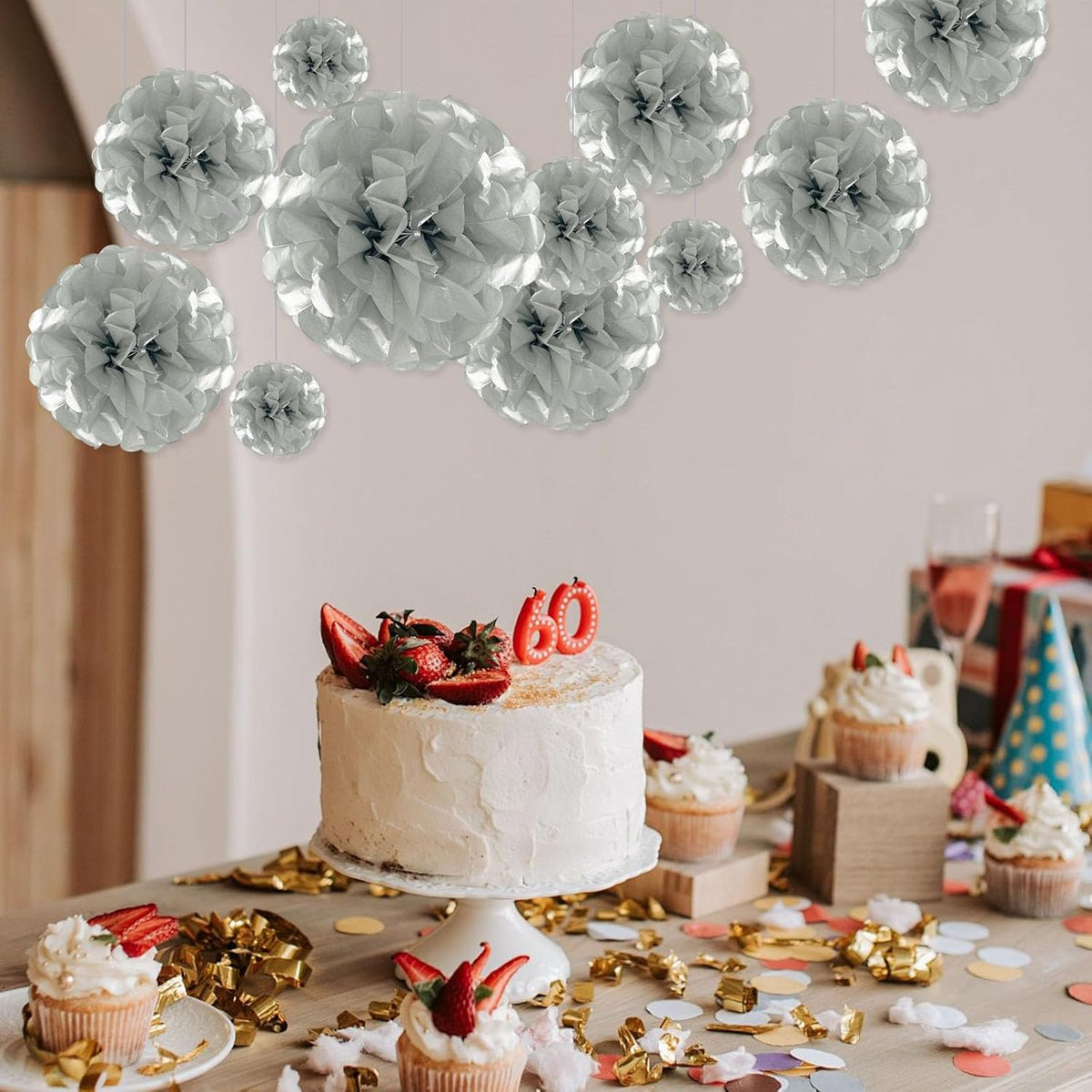 Tissue Paper Pom Poms, Silver Tissue Paper Flowers, Hanging Flower Balls for Weddings Fiesta