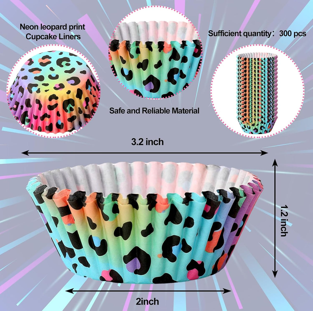 Whaline 300Pcs Leopard Print Cupcake Liner Neon Animal Spot Paper Baking Cup Rainbow Muffin Liner