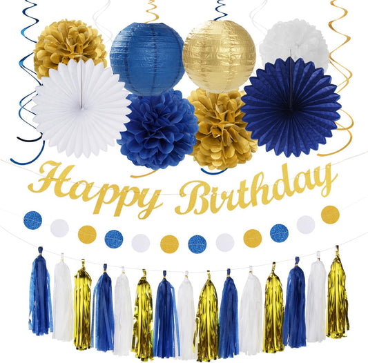 Royal-Navy Blue White Happy-Birthday Party-Decorations - 31pcs Men Women Boys Girl Paper Lanterns