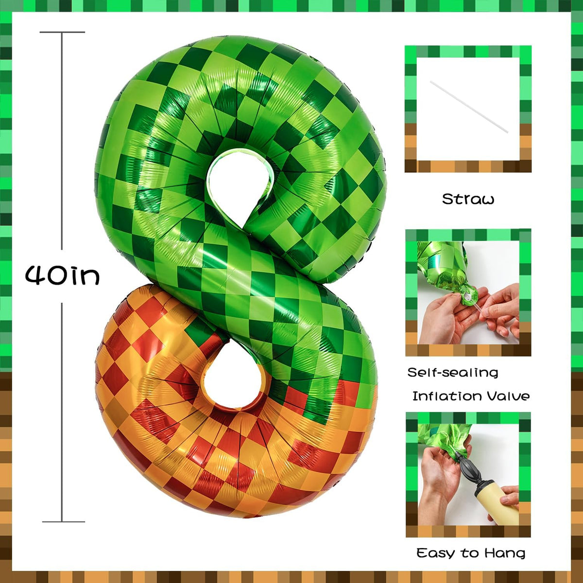 Pixel & TNT Theme 40in Giant Number Balloons - Foil Mylar Birthday Party Decorations for Kids