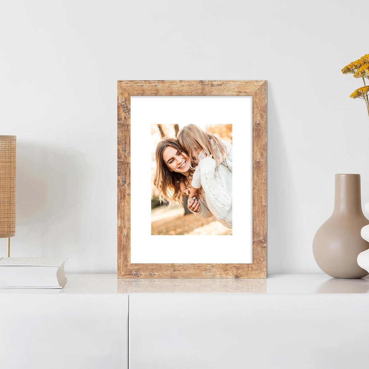 9x12 Picture Frame Set of 4 with Tempered Glass, Rustic Brown Frame Display 6x8 Pictures with Mat