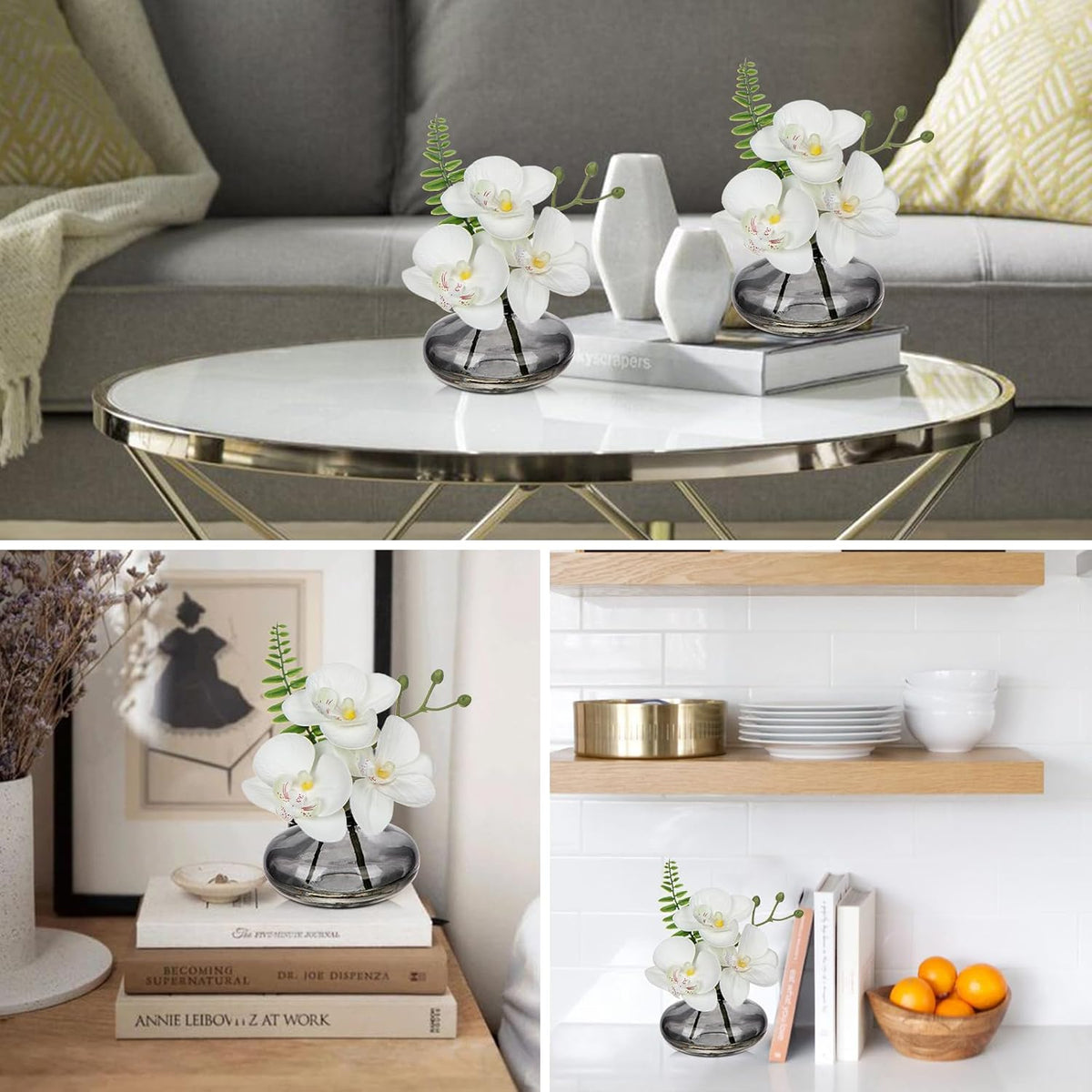 White Orchids Artificial Flowers Faux Orchids Arrangement in Black Glass Vases Set of 3 Real Touch