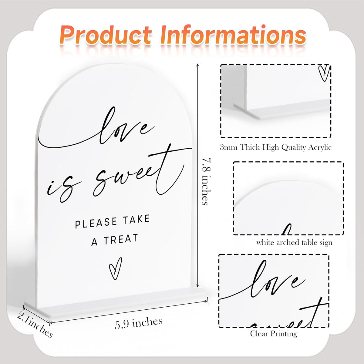 Love Is Sweet Sign for Dessert Table, White Arch Acrylic Wedding Sign, Wedding Reception
