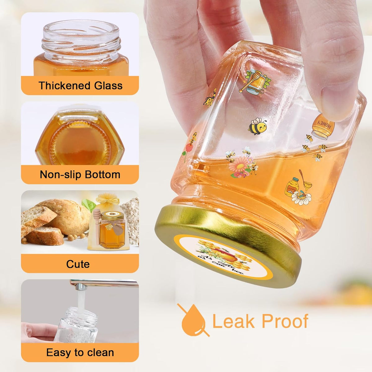 70 Pack 3 oz Mini Hexagon Glass Honey Jars with Dippers, Gold Lids, Bee Stickers, Bee Charms, Gift