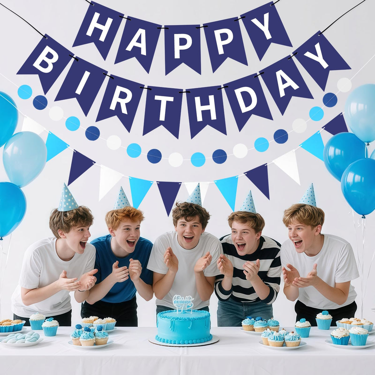 Blue Happy Birthday Banner, Happy Birthday Decorations Hanging Birthday Sign Circle Dot Triangle