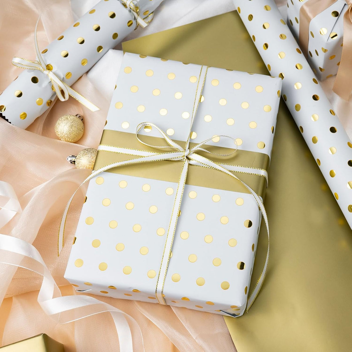 Flyhill Reversible Wrapping Paper-Mini Roll,Gold Foil and Polka Dot Design for