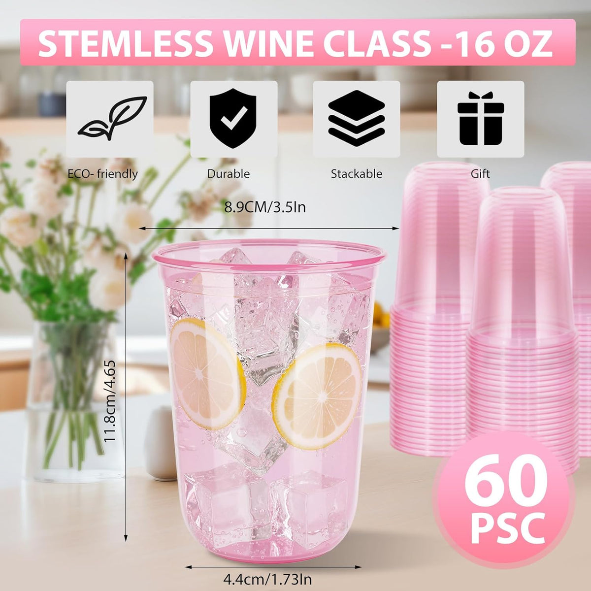 60 Pcs Disposable Stemless Clear Glasses 16 oz NATURAL Arc Crystal Plastic wine glasses Clear
