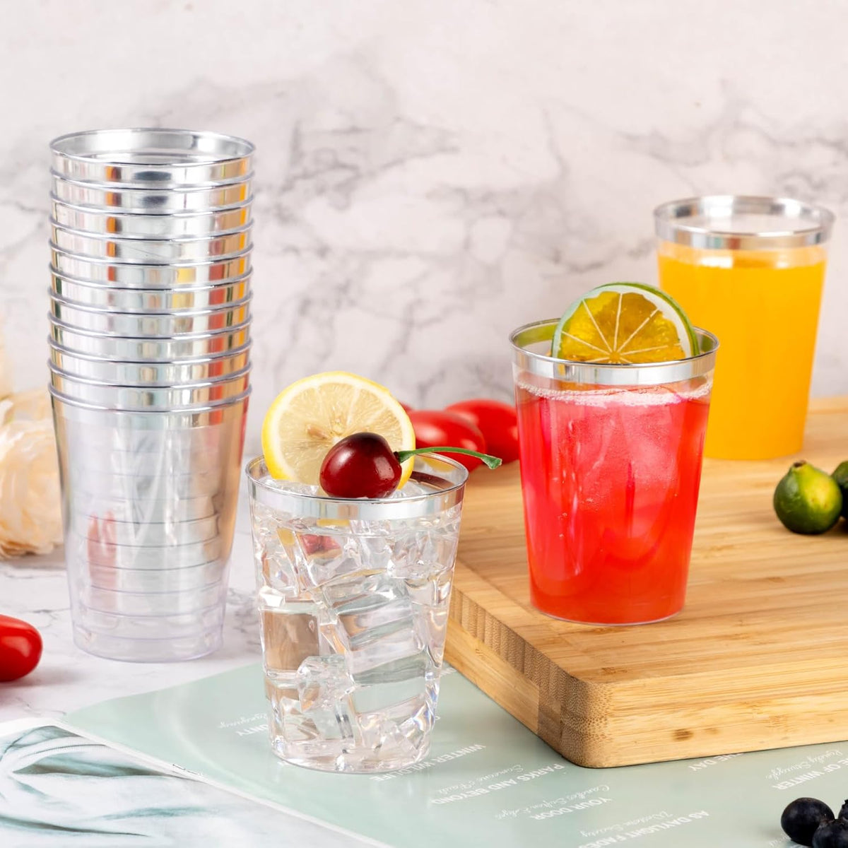 Goodluck 100PCS 10oz Plastic Cups for Party, Disposable Silver Plastic Cups, Cocktail Glasses for