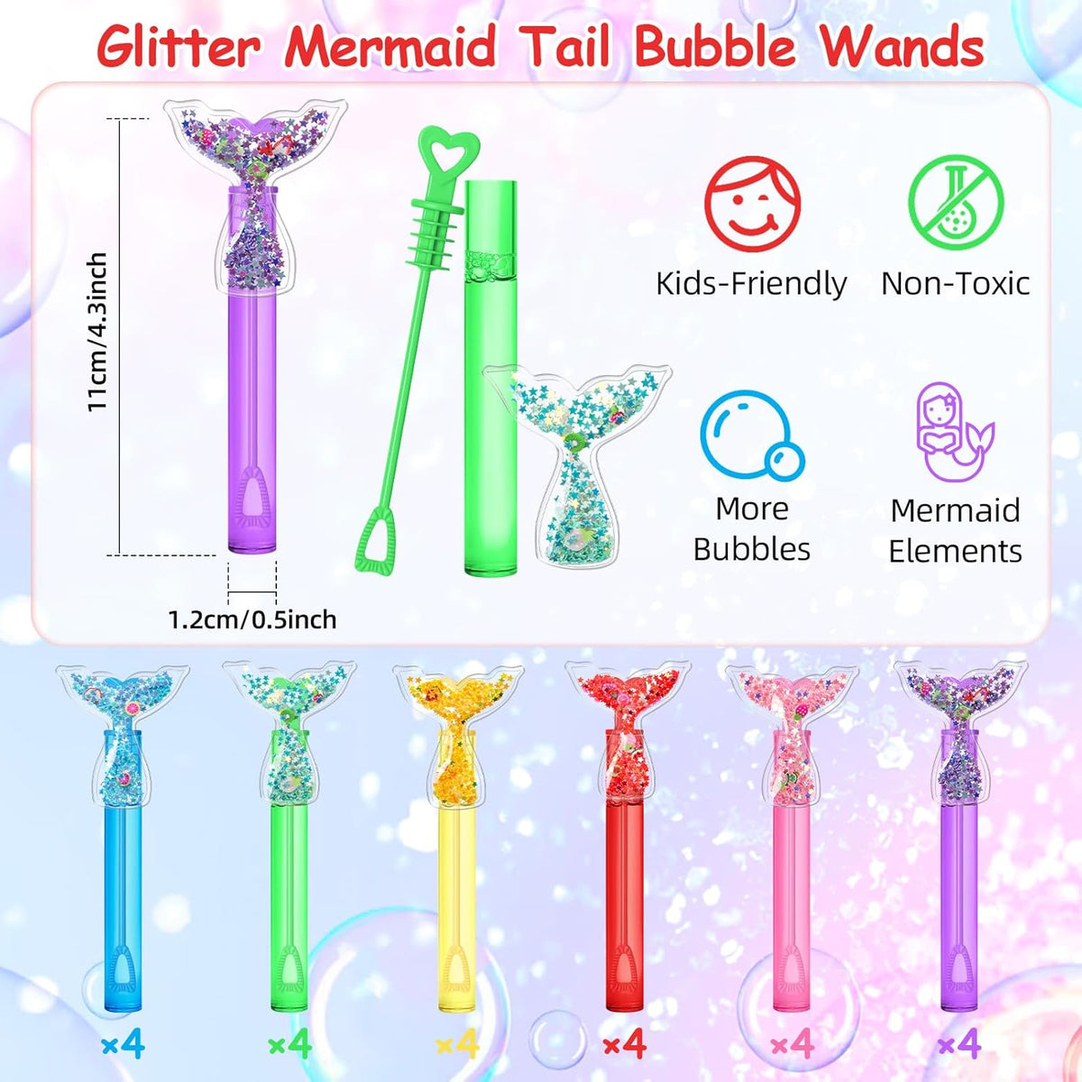 AFZMON 24Pcs Glitter Mermaid Bubble Wands for Kids, Mermaid Tail Party Favors Mini Bubbles Birthday