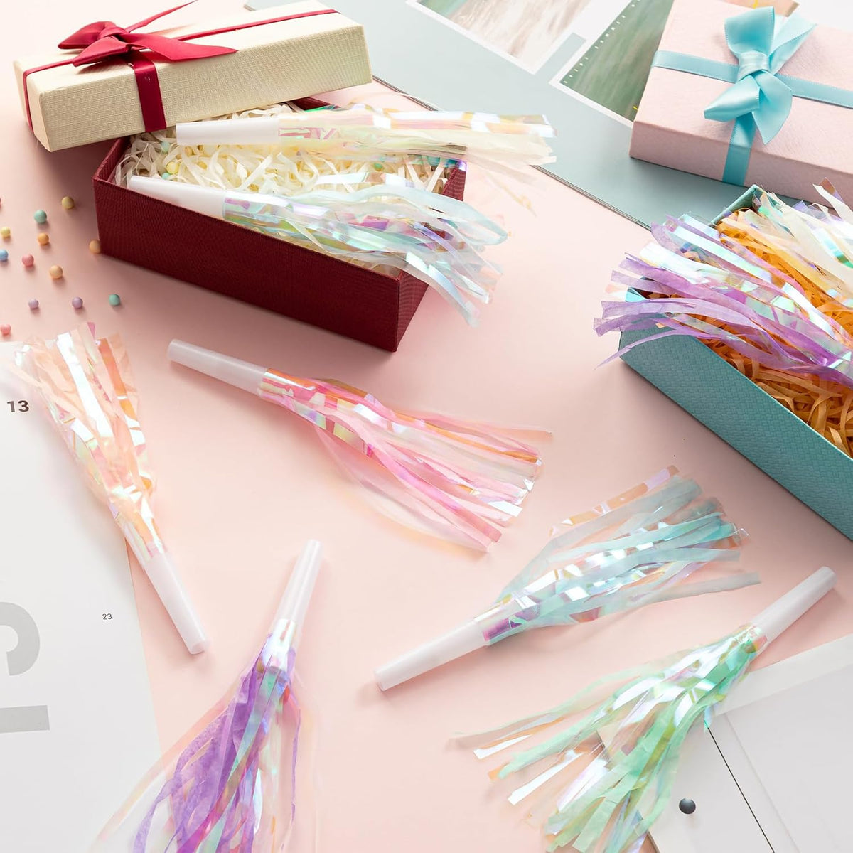 24 pcs Party Blowers, Noise Makers Glitter Metallic Fringed Party Horns for Birthday Blow Horns