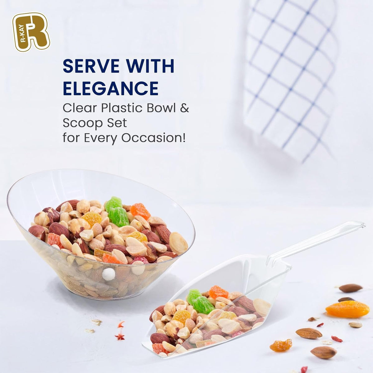R-kay 16 Pcs Candy Bowls And Plastic Scoops Set - 8 Clear Plastic Candy Bowl 20 Oz And 8 Scoop 6.5