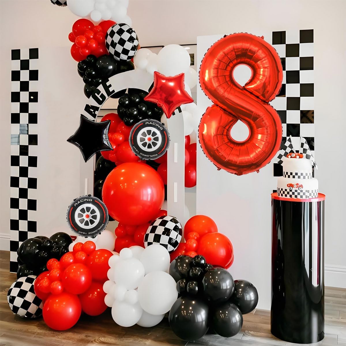 Race Car Birthday Decorations - 40 Inch Mylar Red Number 8 Balloons - Black Foil Checkered Race Car