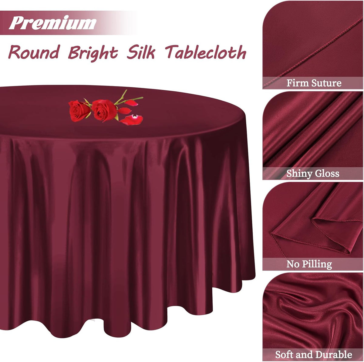 fani 12 Pack 120 Inch Burgundy Satin Tablecloth - Premium Bright Silky Round Tablecloth Overlay
