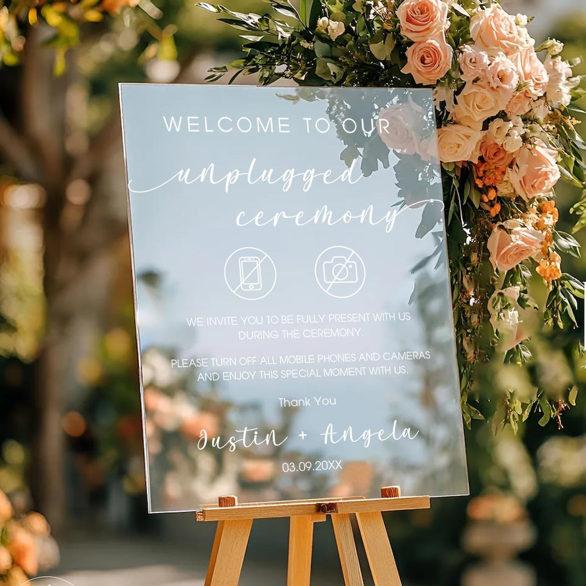 Wedding Unplugged Ceremony Yard Sign – No Phones or Cameras Icon – Outdoor Sign Personalized