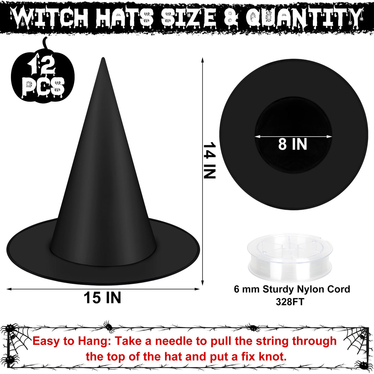 12 PCS Halloween Witch Hats, Black Hanging Witch Hats Porch Yard Decor