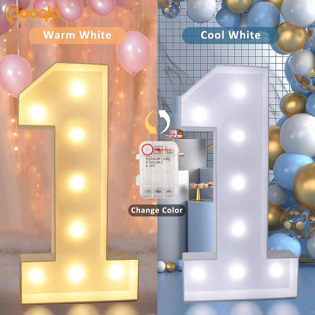 Pooqla 3FT Light Up Marquee Numbers, Cool White and Warm White LED Large Lighted Sign for Party