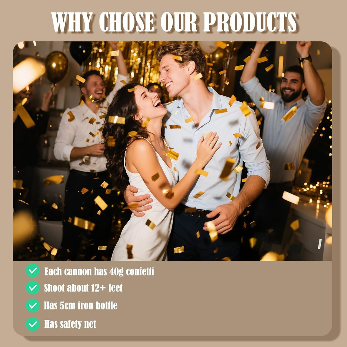 Gold Confetti Cannon Set of 5 | Long-Range Confetti Poppers for Birthdays, Graduations, Weddings
