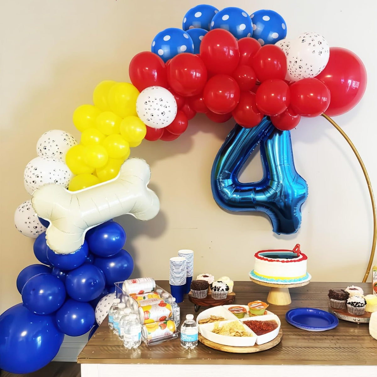 Dog Balloons, Red Yellow Blue Paw Print Balloons with 18 Inch Bone Foil Balloon, Dog Paw Latex