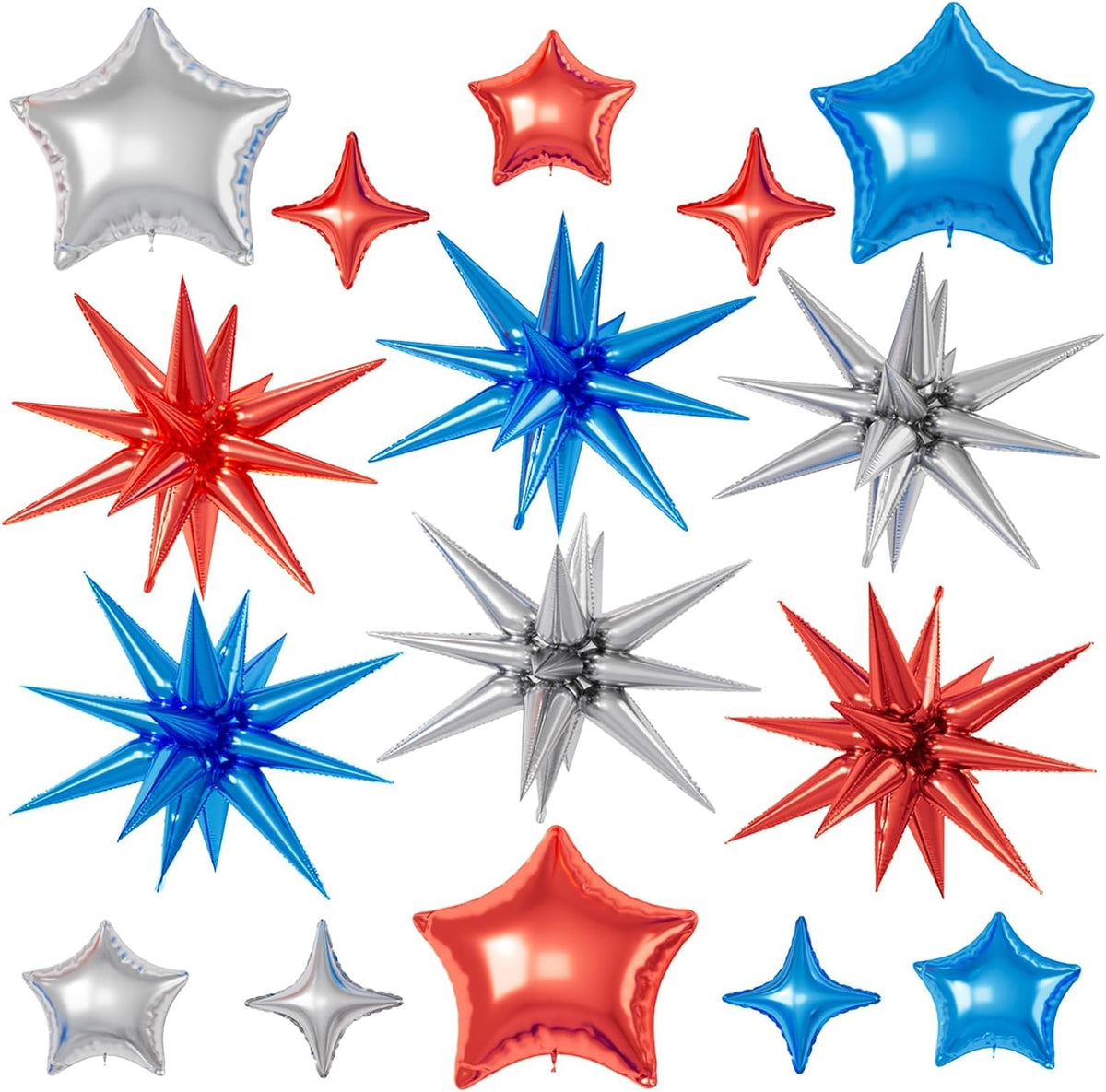 16 Pcs Red Blue Silver Star Balloons,22/18/10 Inch Foil Balloons, Four-Pointed Balloon for Kids Boy
