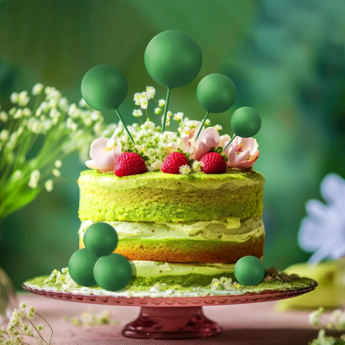 ASTARON 20 Pcs Ball Cake Topper Decorations Mini Balloons Cake Topper Sticks Dark Green Balls Cake